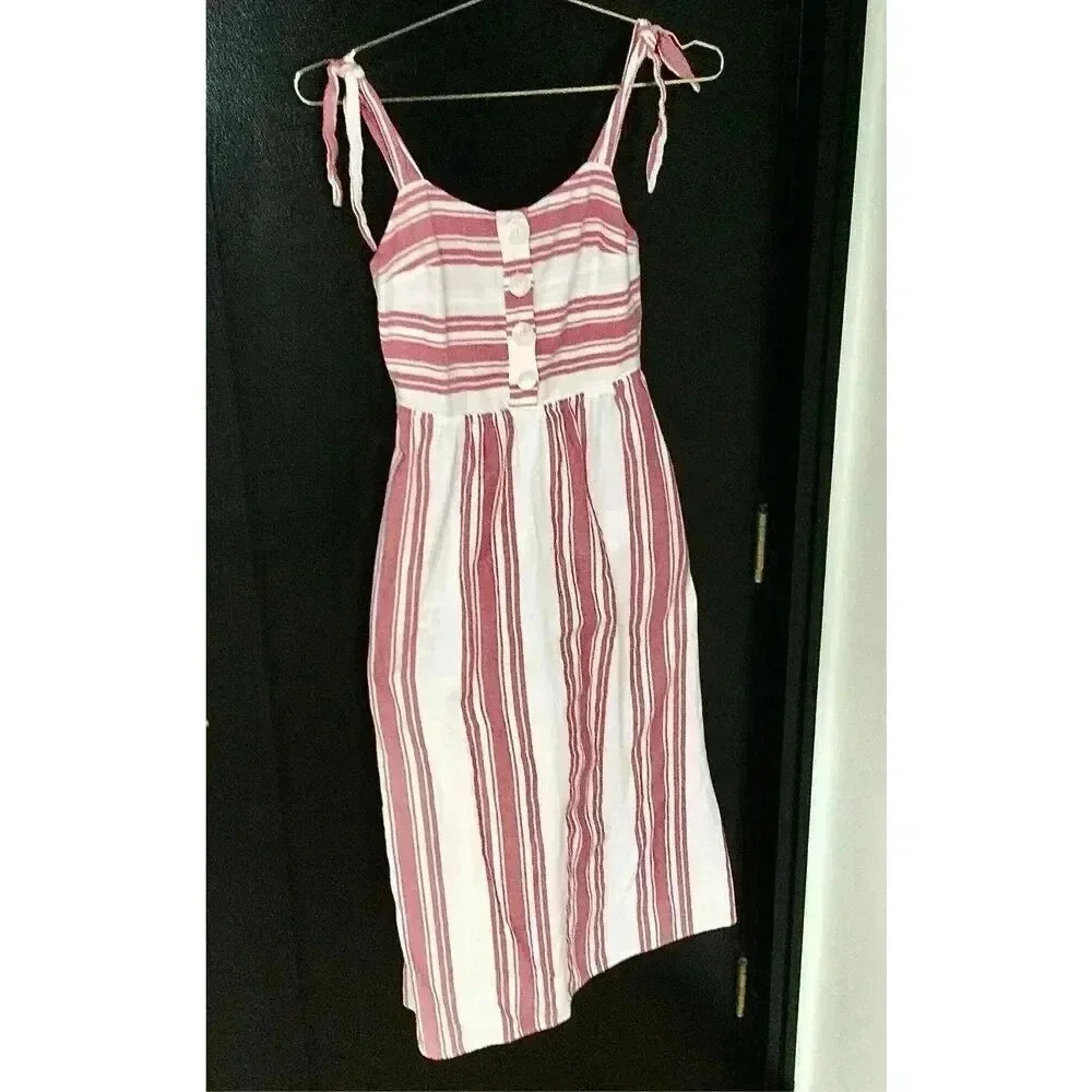 Zara Womens Red White ivory Striped Tie Strap Sleeveless A-Line Midi‎ Dress Size
